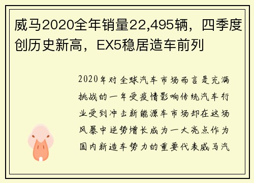 威马2020全年销量22,495辆，四季度创历史新高，EX5稳居造车前列